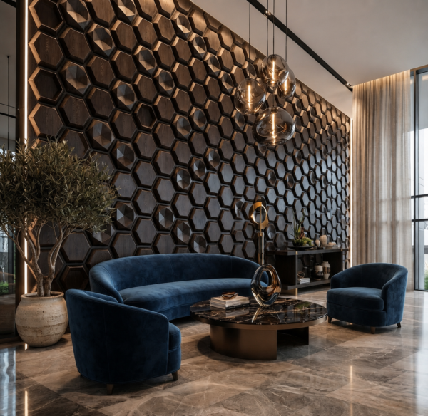 D-084 Ebony Grey wall view 3D Self Adhesive Wall Panels - Ebony Wood Hexalux Design | 50 x 50 cm