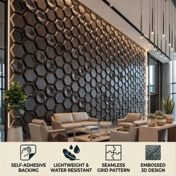 D-084 Ebony grey Feature View 3D Self Adhesive Wall Panels - Ebony Wood Hexalux Design | 50 x 50 cm