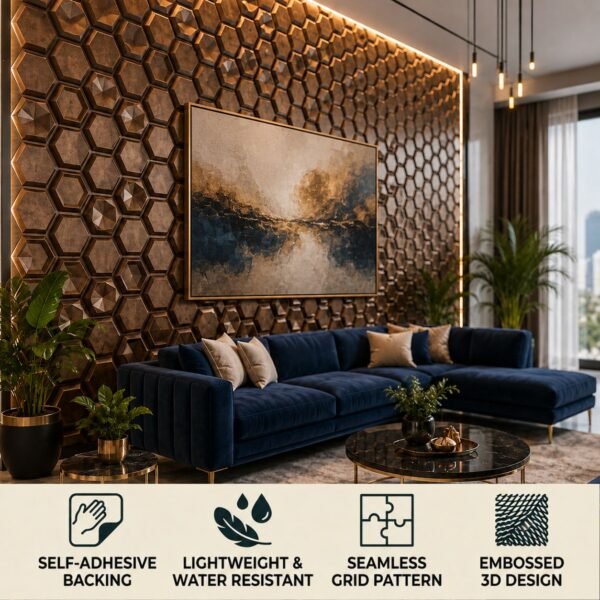 D-084 Gold copper Rust Feature View 3D Self Adhesive Wall Panels - Gold Copper Rust Hexalux Design | 50 x 50 cm