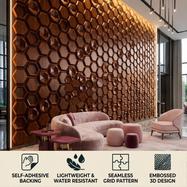D-084 Wooden Feature view 3D Self Adhesive Wall Panels - Wooden Hexalux Design | 50 x 50 cm
