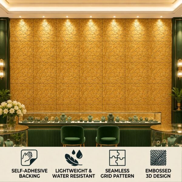 3D Self Adhesive Wall Panels - Golden Abstract Shard Design | 50 x 50 cm