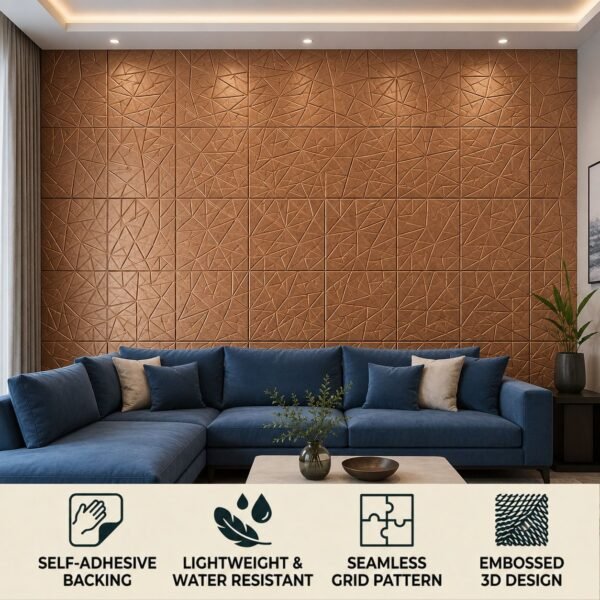 D-103 Gold copper rust Feature view 3D Self Adhesive Wall Panels - Gold Copper Rust Abstract Shard Design | 50 x 50 cm