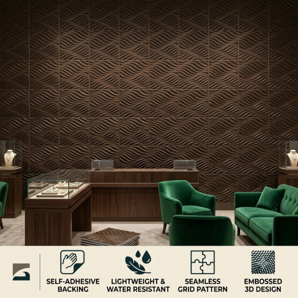 D-184 Ebony Grey Wood 3D Self Adhesive Wall Panels - Ebony Wood Flowing Wave Design | 50 x 50 cm
