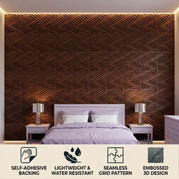 3D Self Adhesive Wall Panels - Wooden Flowing Wave Design | 50 x 50 cm