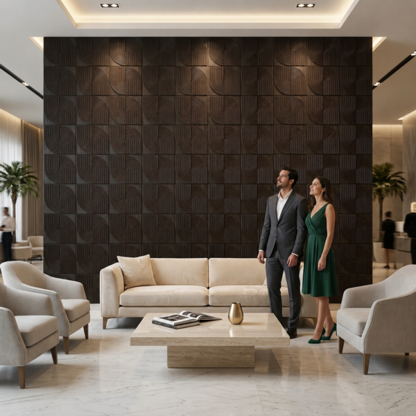 D-186 Ebony grey wall view 3D Self Adhesive Wall Panels - Ebony Wood Arc Symphony Design | 50 x 50 cm
