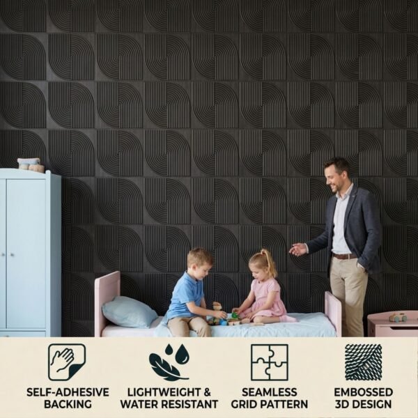 D-186 ebony grey wood Feature view 3D Self Adhesive Wall Panels - Ebony Wood Arc Symphony Design | 50 x 50 cm