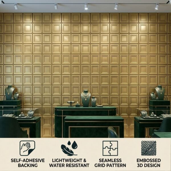 D-197 Golden 3D Self Adhesive Wall Panels - Golden Royal Frame Design | 50 x 50 cm