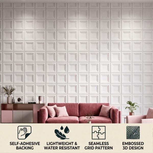 3D Self Adhesive Wall Panels - White Royal Frame Design | 50 x 50 cm