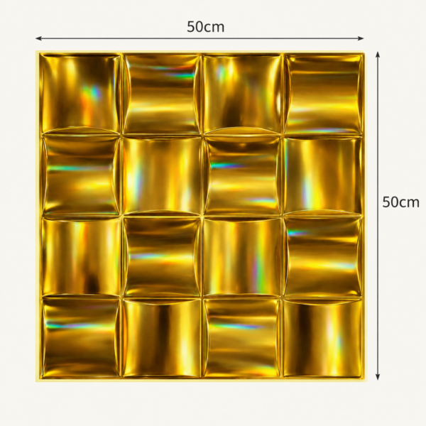 GLOSSY GOLD 3D WALL PANEL MEAQSUREMEN 3D PVC Wall Panels for Home Décor – Glossy Gold Square Block Design | 50 × 50 cm