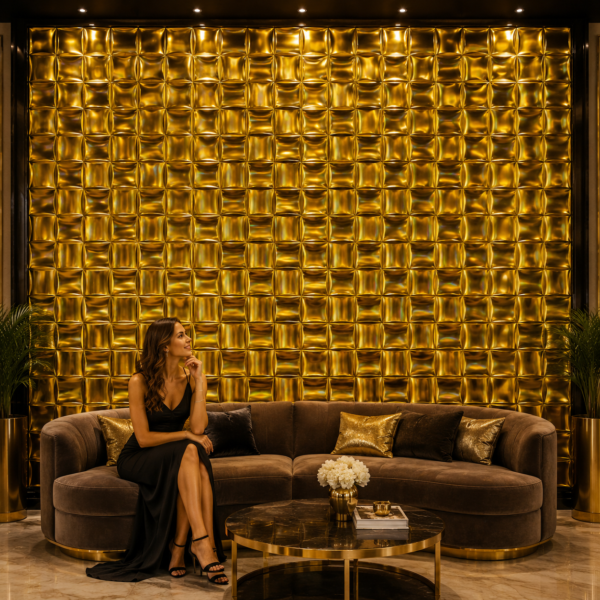 GLOSSY GOLD 3D WALL PANEL WAVE WALL VIEW Glossy Gold 3D Wall panel for Home Decoration