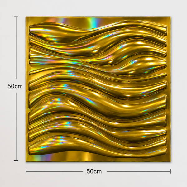 GLOSSY GOLDEN 3D WALL PANEL WAVE MEAQSUREMEN 3D PVC Wall Panels for Home Décor – Glossy Golden Wave Design | 50 × 50 cm