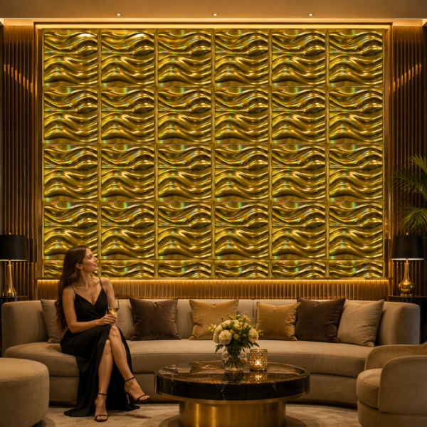 GLOSSY GOLDEN 3D WALL PANEL WAVE WALL VIEW 3D PVC Wall Panels for Wall Decoration Glossy Golden