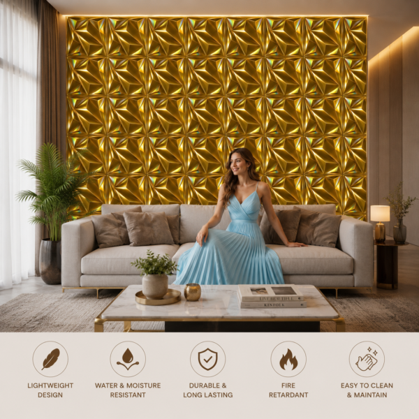 Glossy Gold 3D wall Panl Glossy Gold 3D PVC Wall Panel
