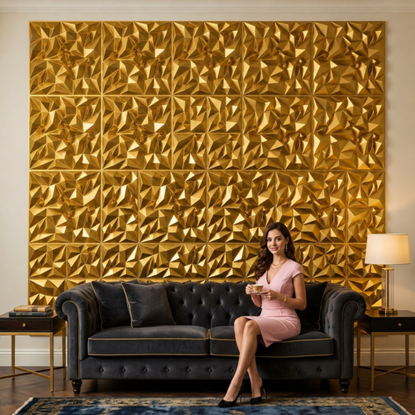 3D PVC Wall Panels for Home Décor – Golden Crystal Geometric Design | 50 × 50 cm